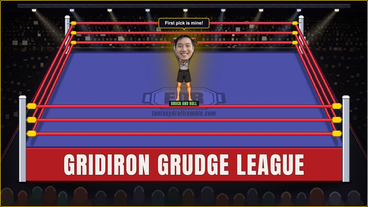 The last wrestler standing celebrates alone in the ring under a speech bubble that says First pick is mine!