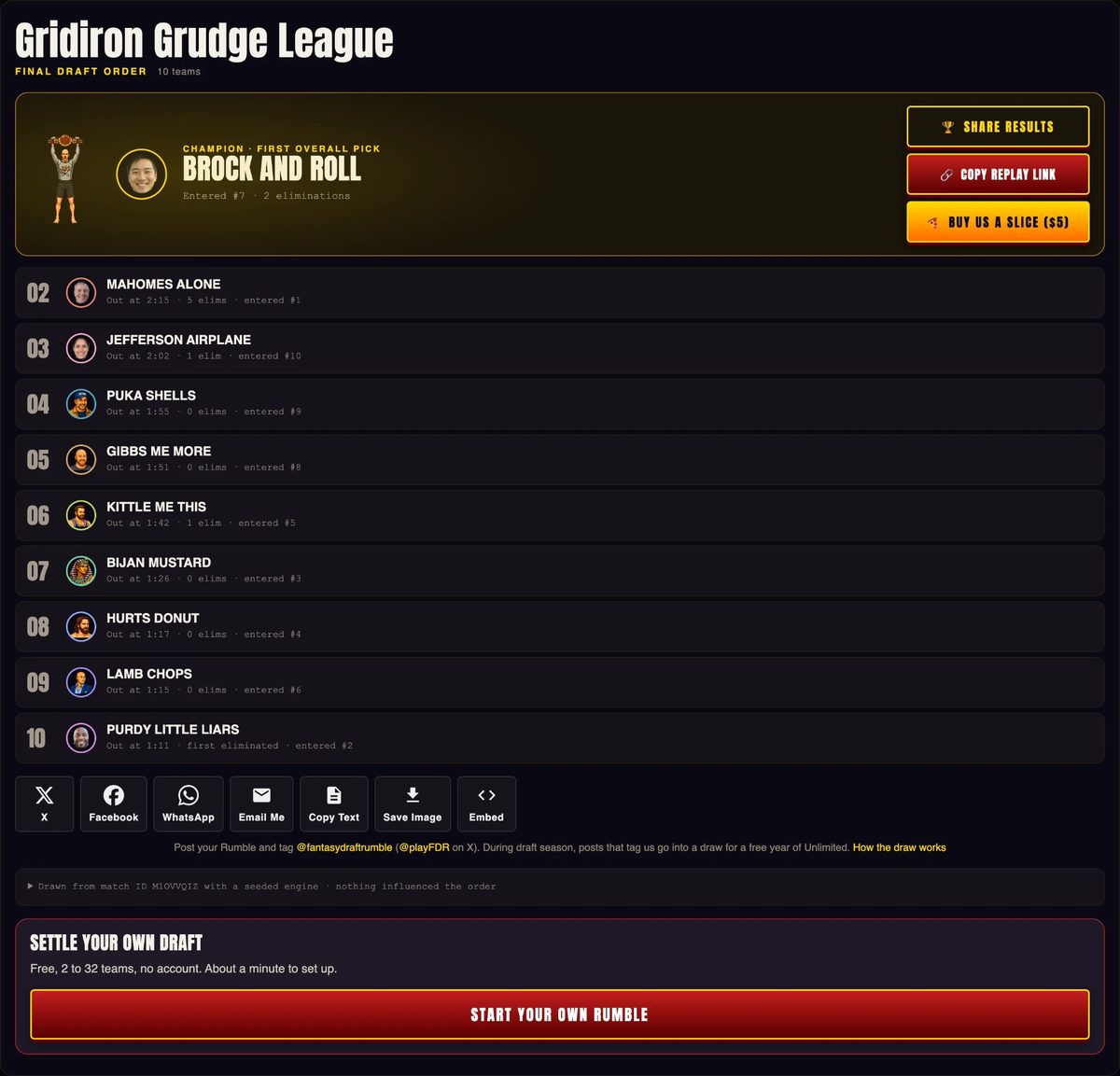 Fantasy Draft Rumble’s final draft order screen for a 10-team league, with share buttons and a note that the order was drawn from the match ID with a seeded engine.