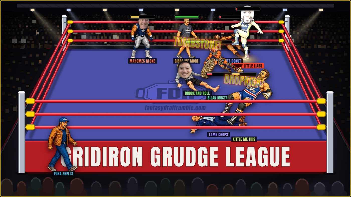 A Fantasy Draft Rumble match: pixel-art wrestlers wearing league members’ faces brawl in a ring whose apron reads Gridiron Grudge League.